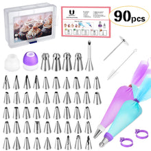 Load image into Gallery viewer, 90 Pcs Cake Decorating Supplies Kit With 52 Stainless Steel Piping Tips, 2 Silicone Piping Bags, 30 Disposable Piping Bags - Cake Decorating Tools, Baking Supplies, Pie Decorating Tools